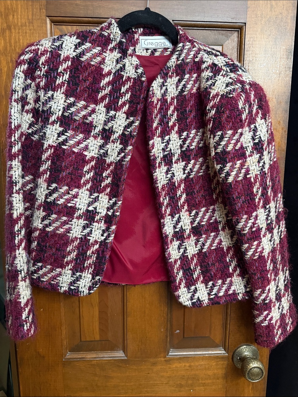 Burgundy & Cream Houndstooth Wool Blend Jacket
